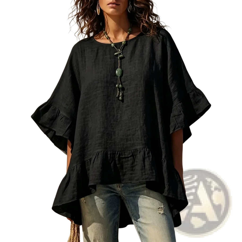 Black cotton linen shirt with loose fit and ruffled sleeves and hem ideal for casual wear