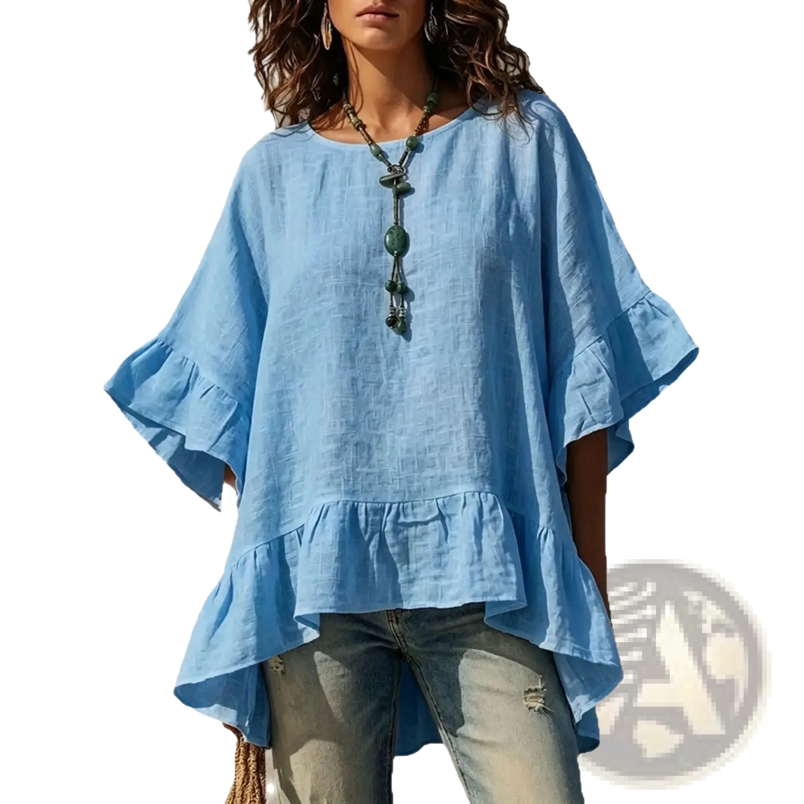 Light blue cotton linen ruffle hem shirt with loose fit and ruffled sleeves and hem for casual wear