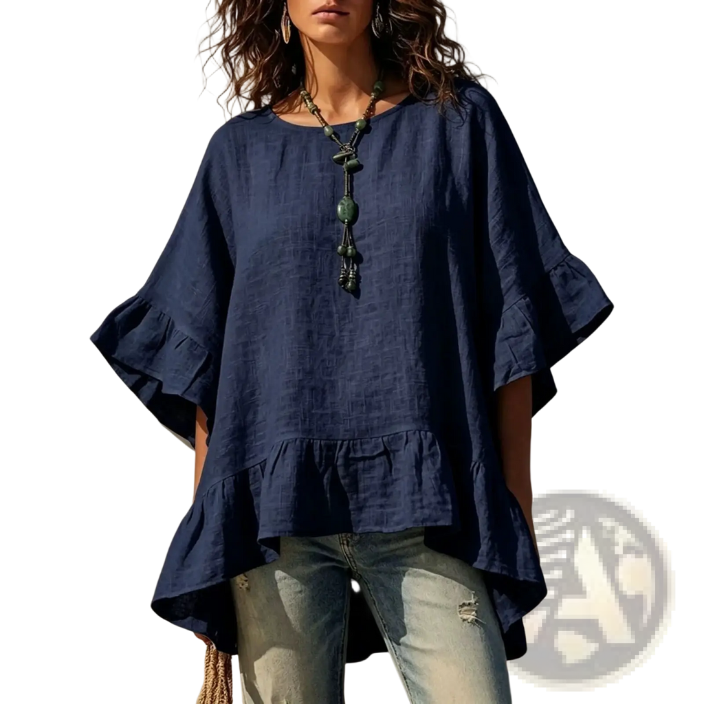 Navy blue cotton linen ruffle hem shirt with flared sleeves showcasing elegant casual design