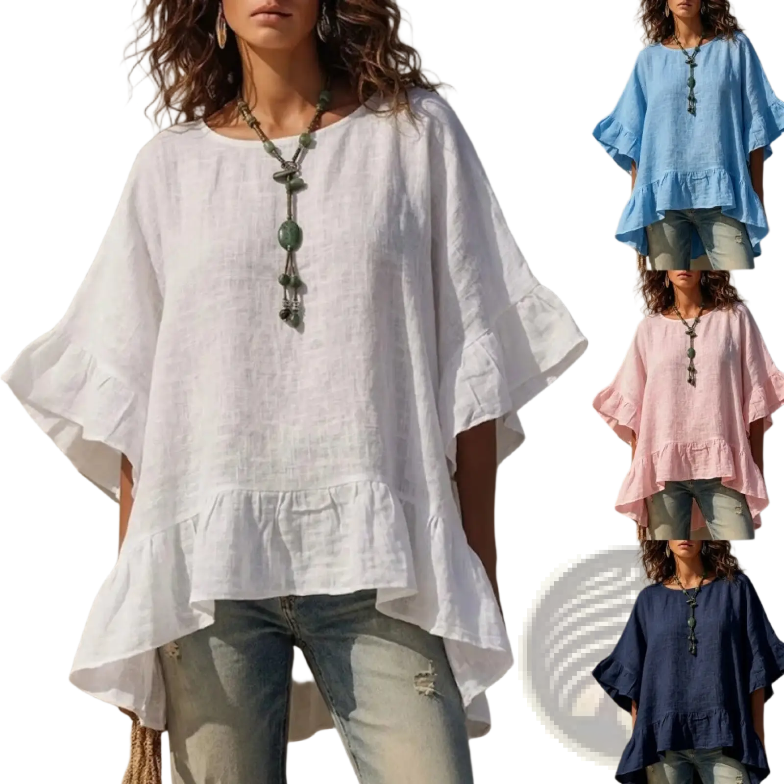 White cotton linen blouse with flared sleeves and ruffle hem ideal for casual and formal wear