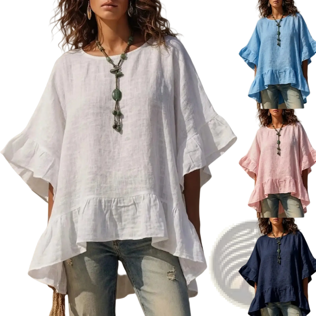 White cotton linen blouse with flared sleeves and ruffle hem ideal for casual and formal wear