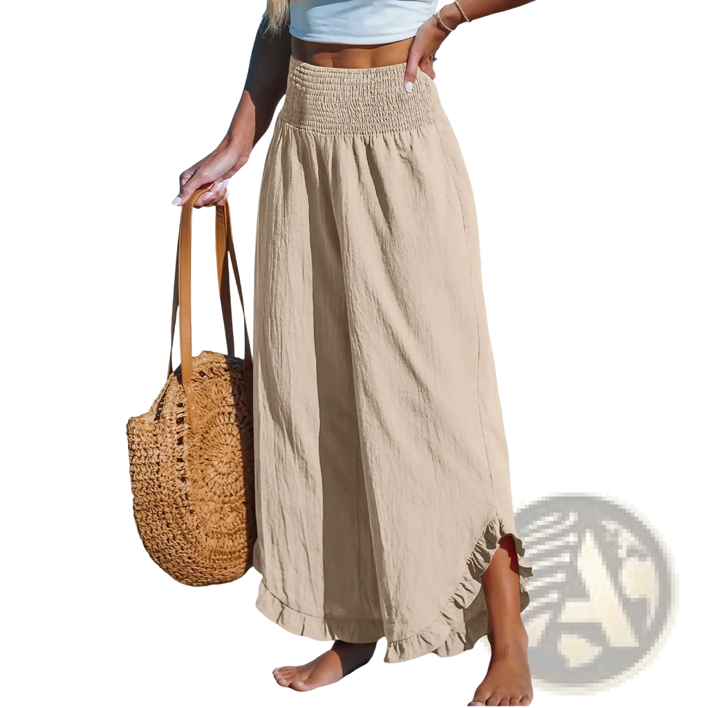 Beige cotton linen ruffled harem pants with high-waisted smocked waistband and ruffled hem