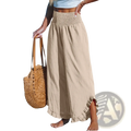 Beige cotton linen ruffled harem pants with high-waisted smocked waistband and ruffled hem