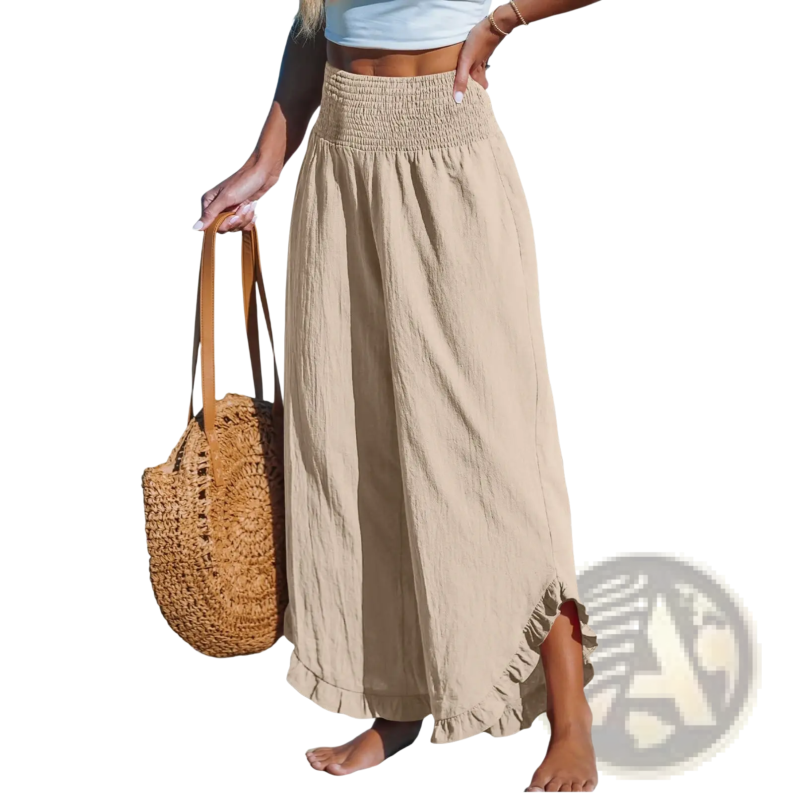 Beige cotton linen ruffled harem pants with high-waisted smocked waistband and ruffled hem