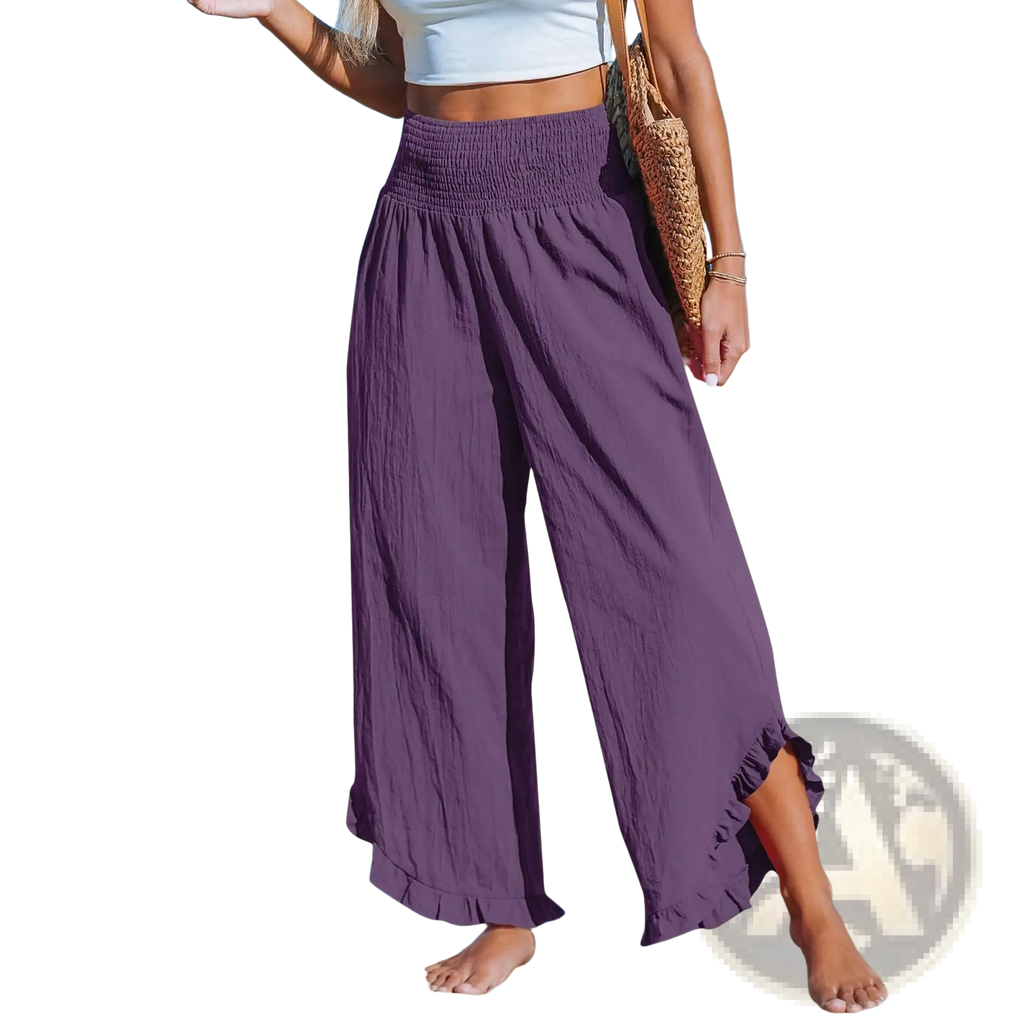Purple cotton linen ruffled harem pants with high-waisted elastic waistband and wide legs with ruffled hem
