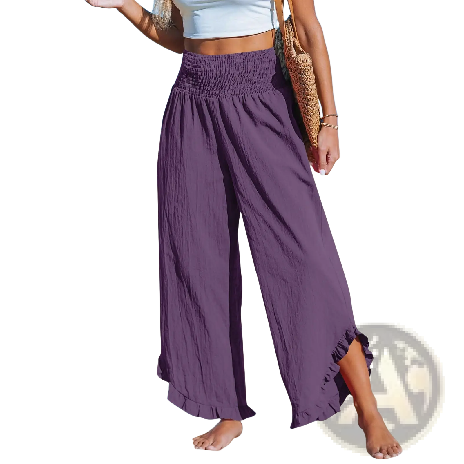 Purple cotton linen ruffled harem pants with high-waisted elastic waistband and wide legs with ruffled hem