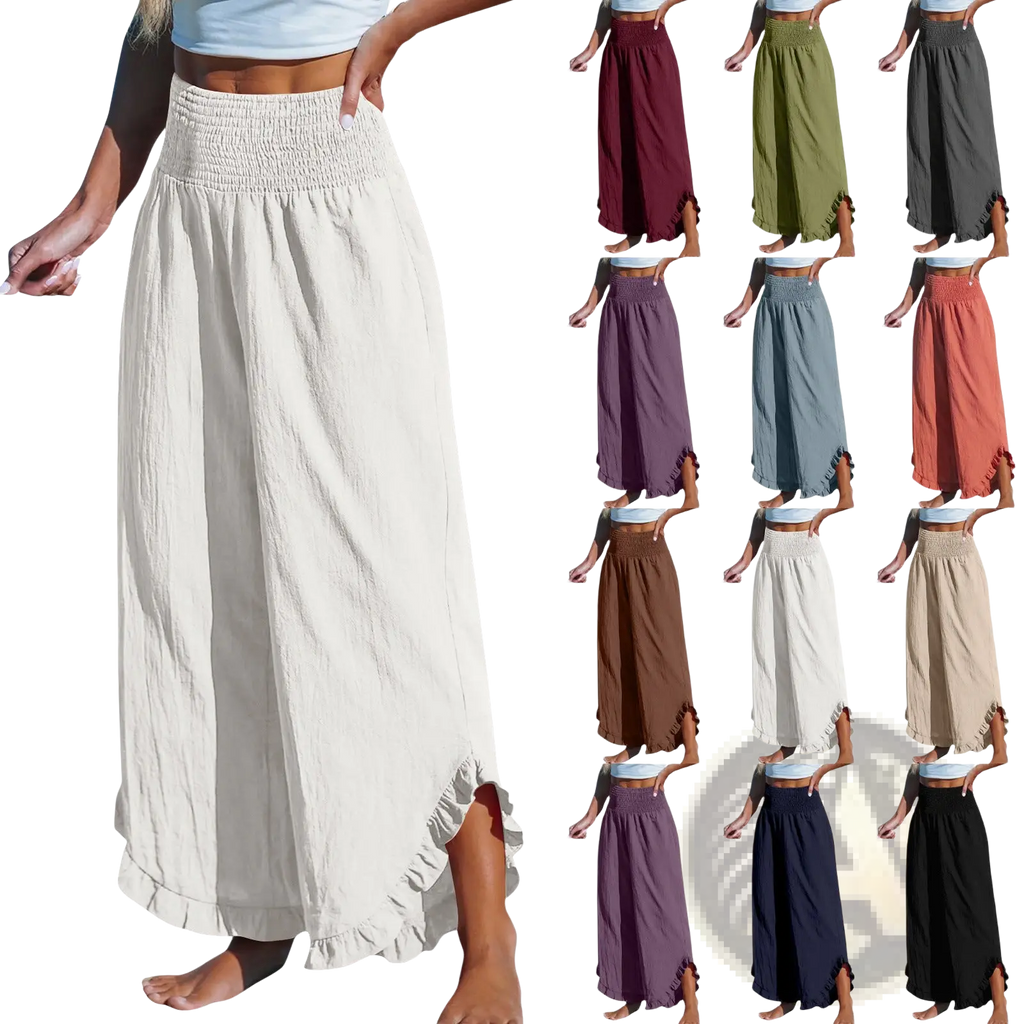 Off-white cotton linen ruffled harem pants maxi skirt with smocked elastic waistband and flowing ruffled hem