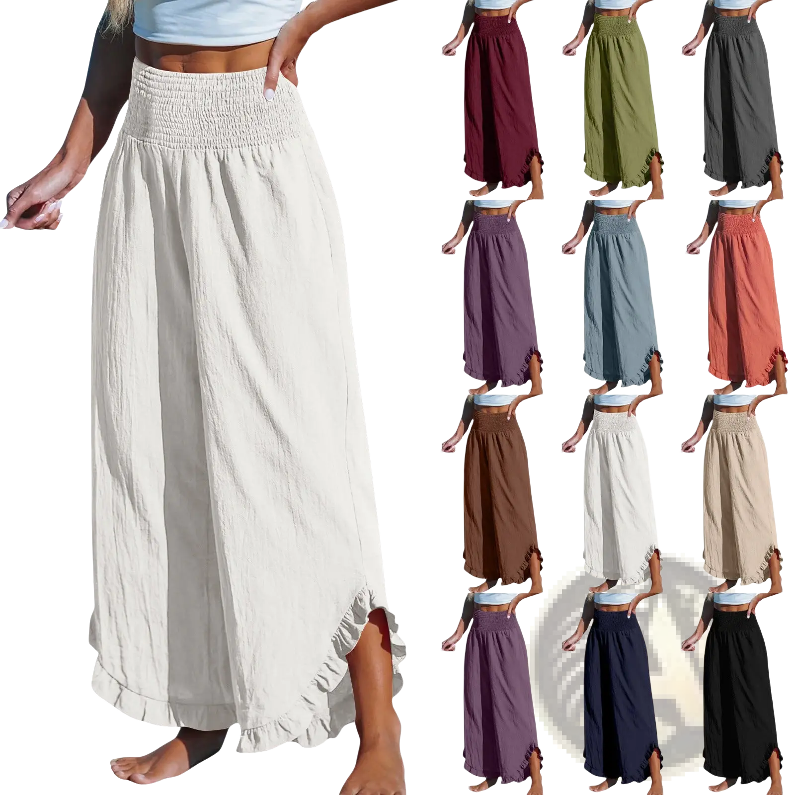 Off-white cotton linen ruffled harem pants maxi skirt with smocked elastic waistband and flowing ruffled hem
