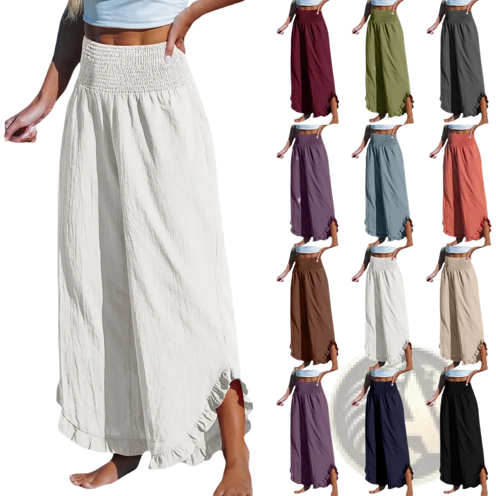 Off-white cotton linen wide-leg harem pants with smocked elastic waistband and ruffled hem for comfortable wear