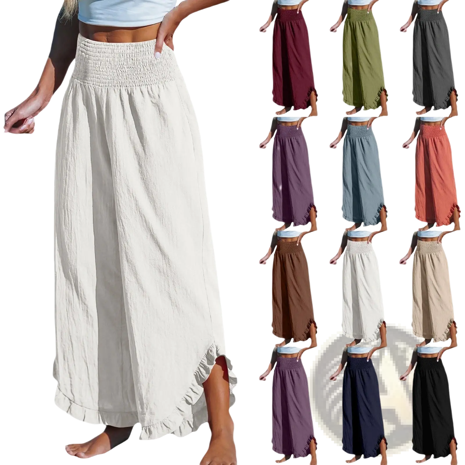 Off-white cotton linen wide-leg harem pants with smocked elastic waistband and ruffled hem for comfortable wear