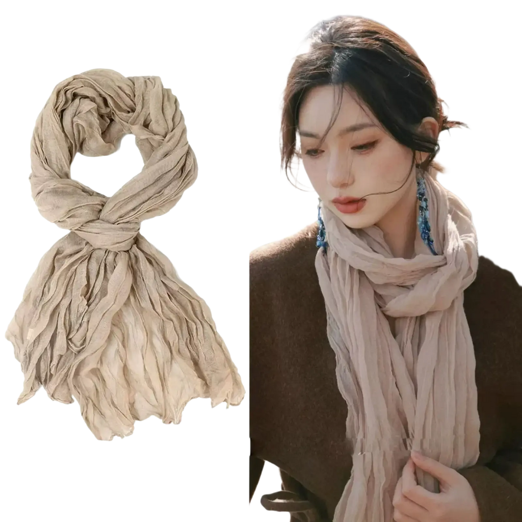 Beige lightweight cotton linen scarf for women with a crinkled texture and soft flowing drape breathable shawl