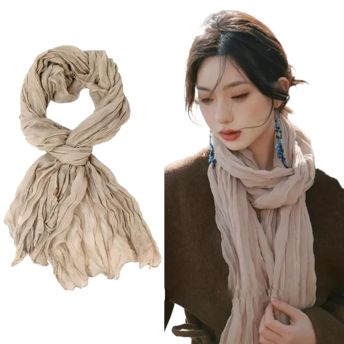 Beige lightweight cotton linen scarf for women with a crinkled texture and soft flowing drape breathable shawl