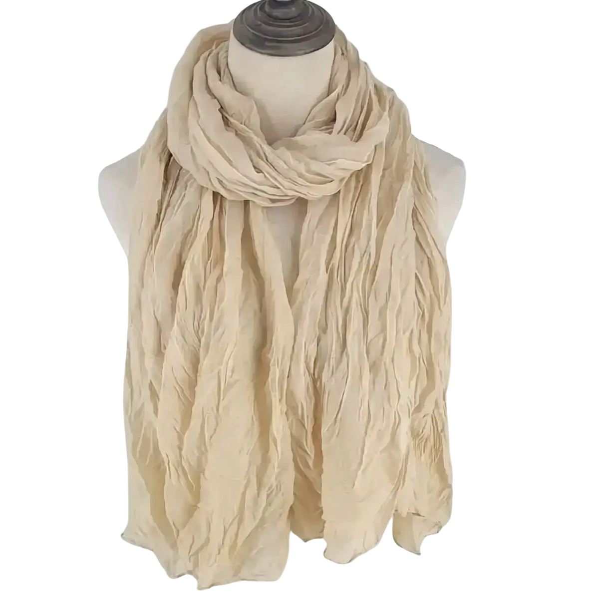 Beige crinkled cotton linen scarf draped around mannequin neck breathable solid color shawl for women