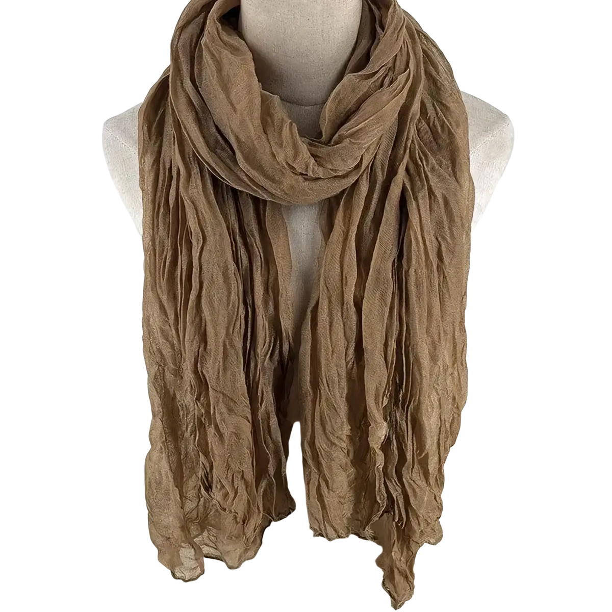 A soft crinkled tan cotton linen scarf for women draped elegantly as a breathable solid color shawl