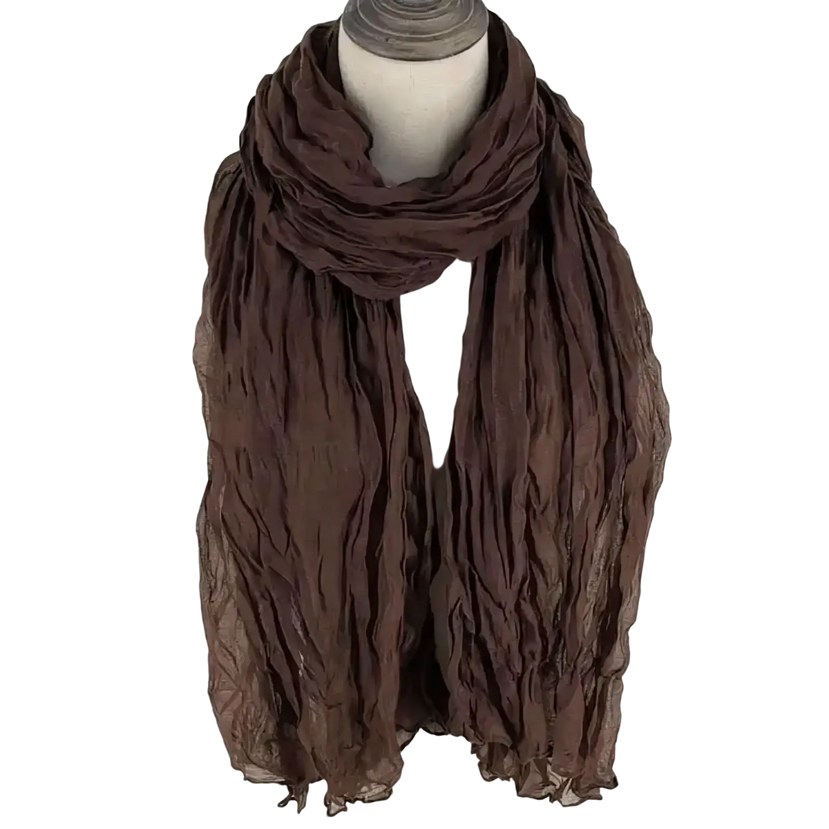 A soft crinkled brown cotton linen scarf for women draped elegantly around a mannequin’s neck showcasing its breathable fabric