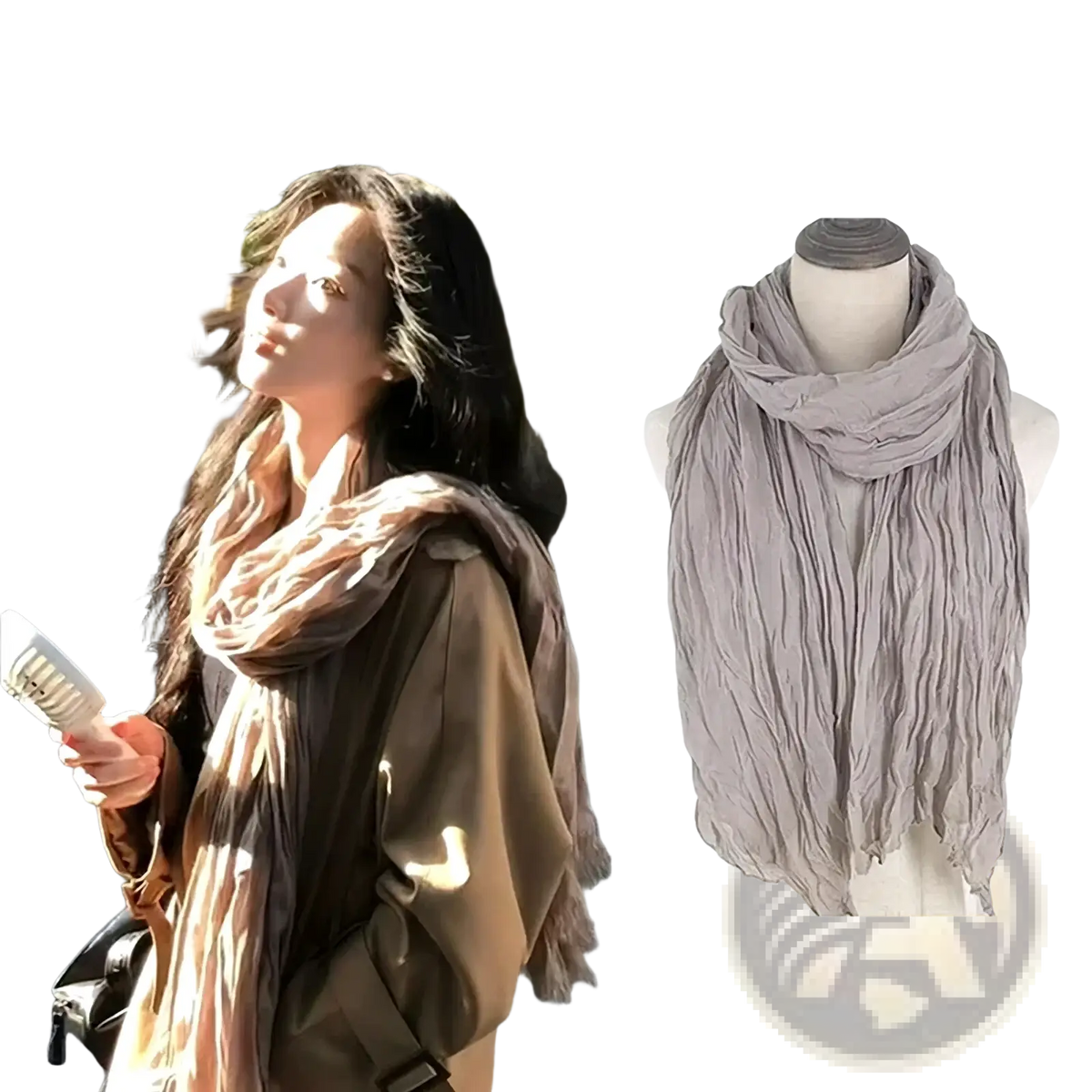 A soft dusty gray cotton linen scarf for women featuring a breathable solid color and crinkled flowing design