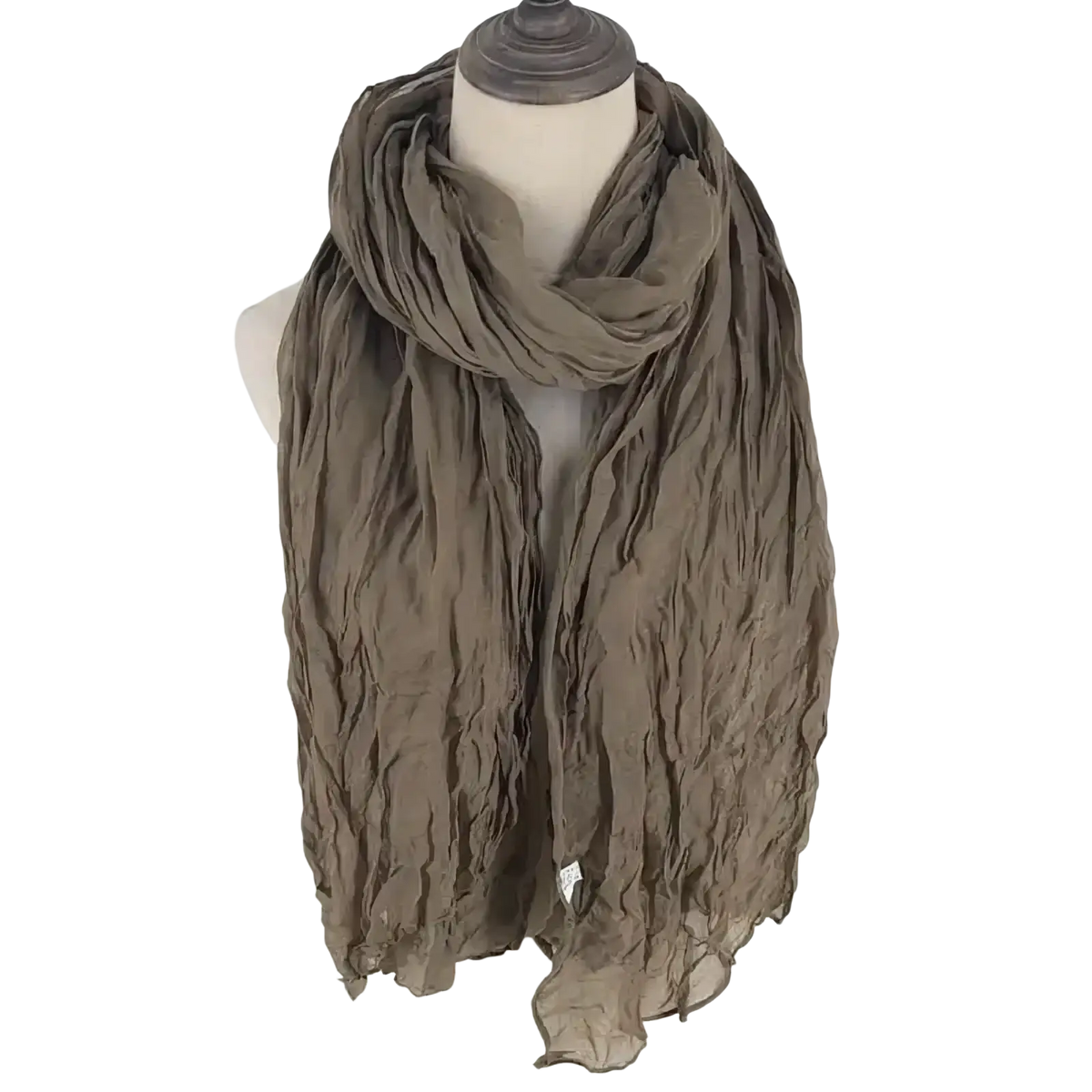 A soft dusty gray cotton linen scarf for women with breathable lightweight sheer fabric draped on a mannequin