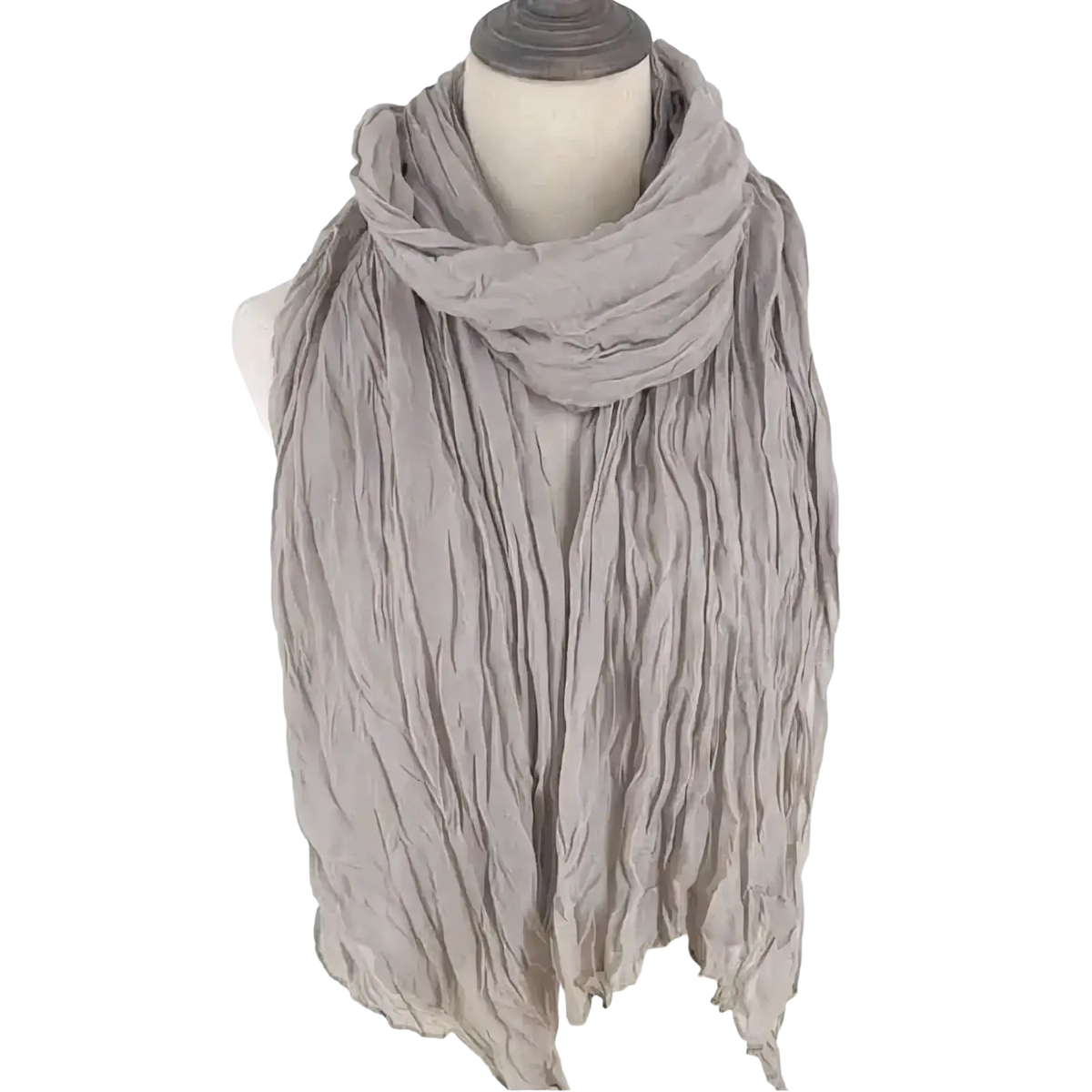 A soft light gray cotton linen scarf for women draped elegantly on a mannequin, breathable and solid color shawl