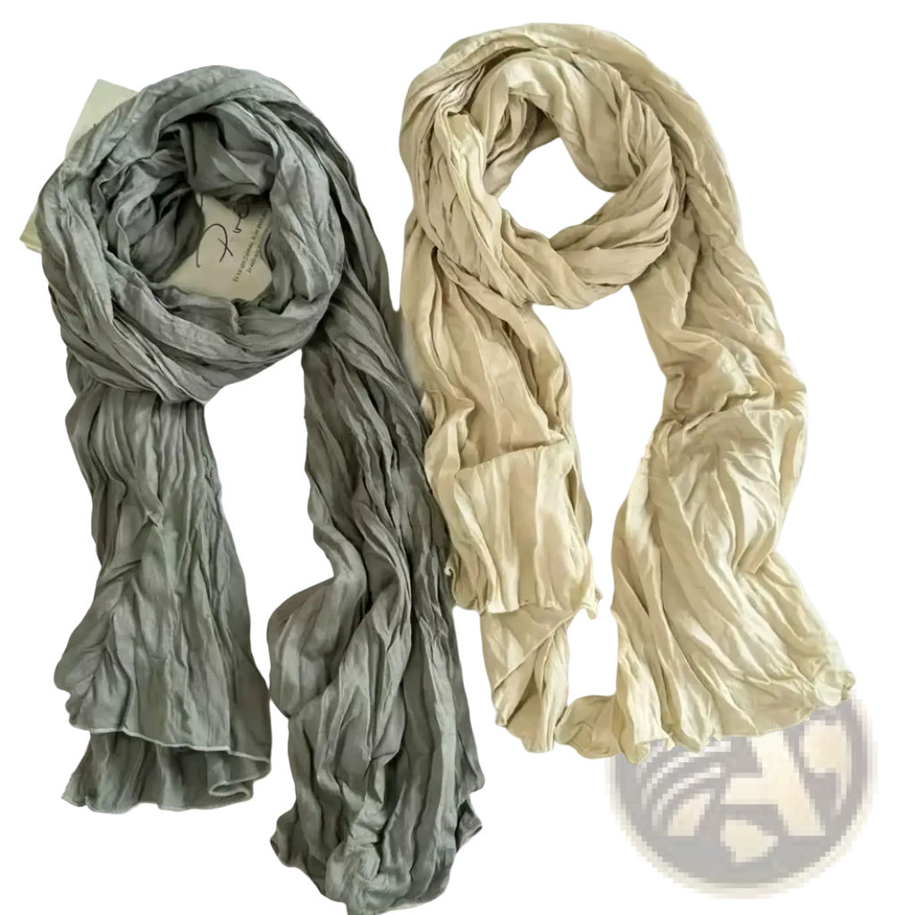 Two soft crinkled cotton linen scarves in muted gray and beige tones breathable solid color shawls for women