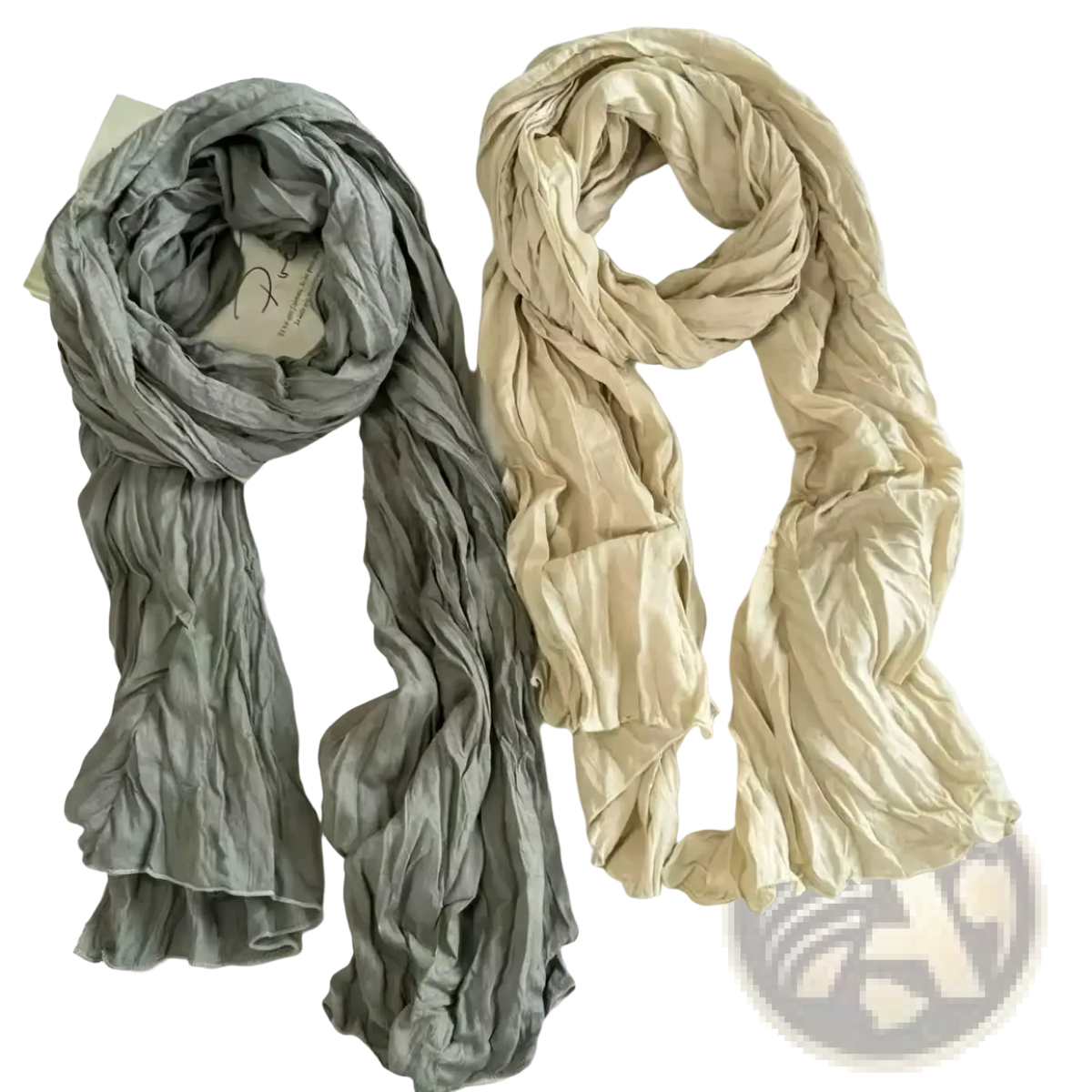 Two soft crinkled cotton linen scarves in muted gray and beige tones breathable solid color shawls for women