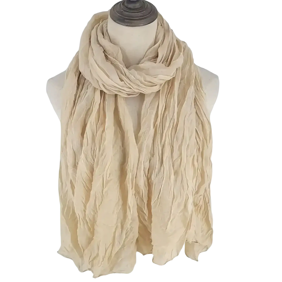 Beige cotton linen scarf with crinkled texture draped around a mannequin neck for women solid color shawl