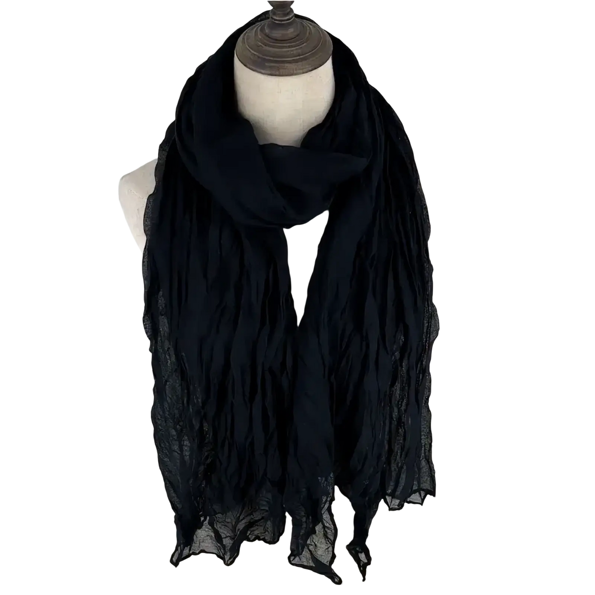 Black lightweight cotton linen scarf for women with delicate lace trim and soft flowing fabric solid color shawl