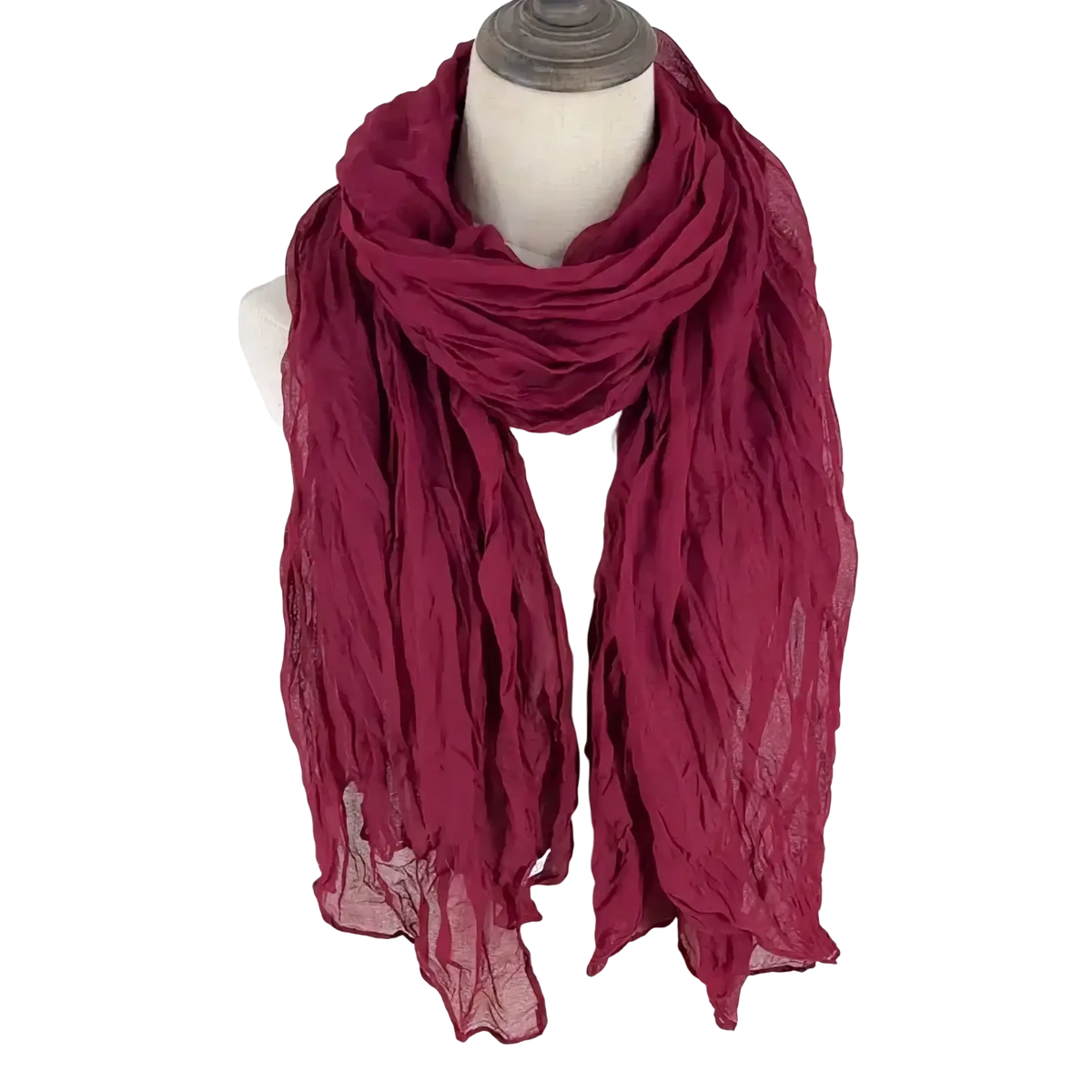 Cotton linen scarf for women solid color shawl in deep burgundy draped elegantly around a mannequin’s neck