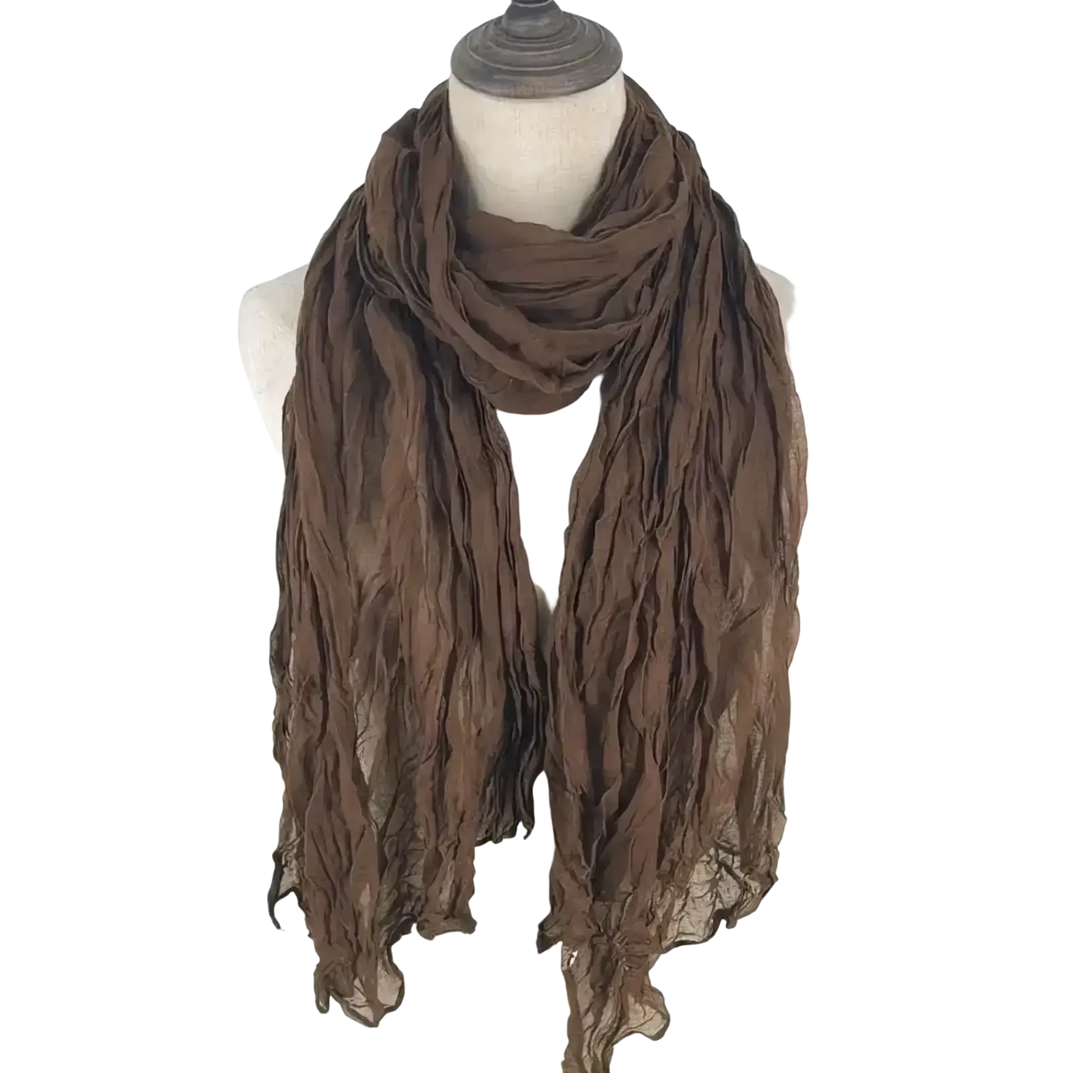 A soft brown cotton linen scarf draped elegantly around a mannequin neck for women solid color shawl