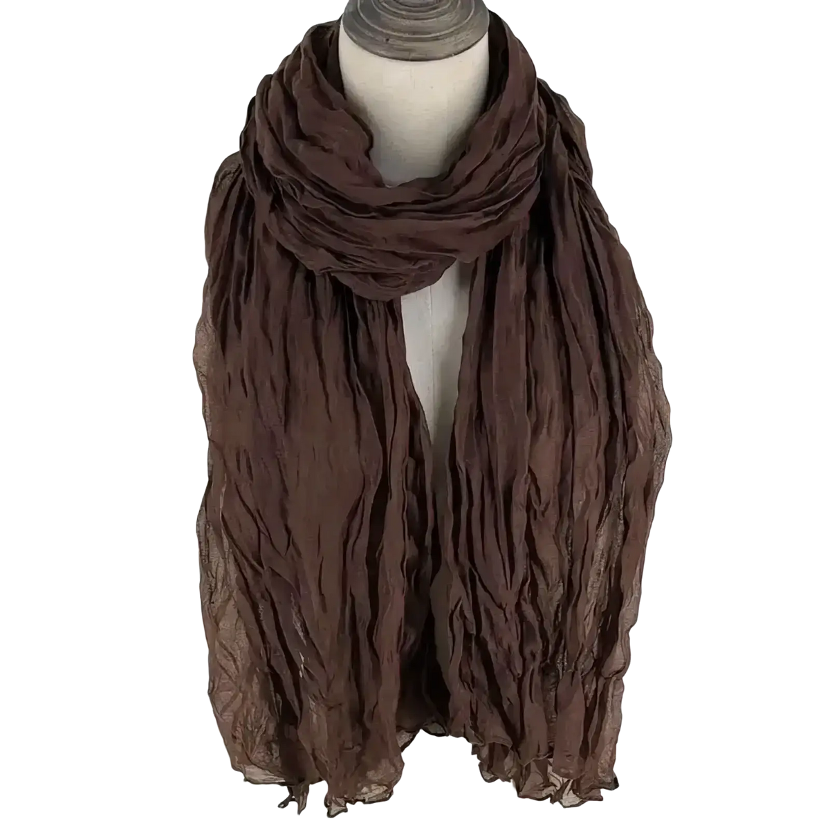 A soft chocolate-brown cotton linen scarf draped elegantly on a mannequin showcasing a solid color linen scarf for women