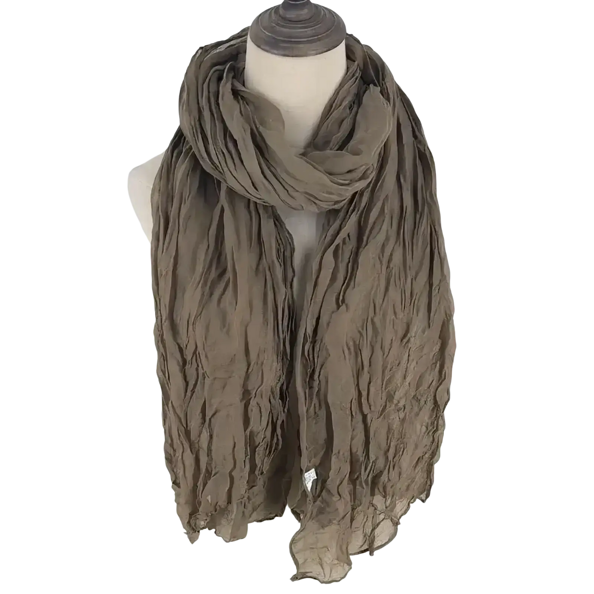 A soft dusty olive cotton linen scarf with crinkled texture draped elegantly on a mannequin neck for women