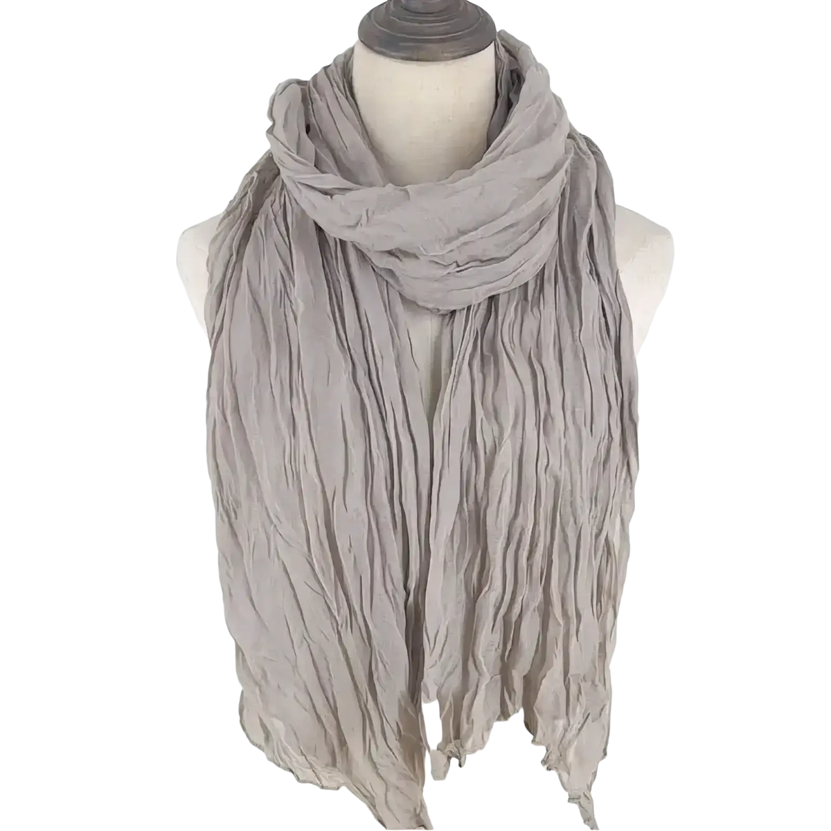 A soft light gray cotton linen scarf draped elegantly around a mannequin neck for women solid color shawl