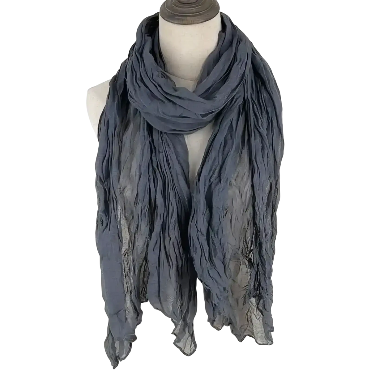 A soft gray cotton linen scarf with subtle gradient draped elegantly around a mannequin neck for women