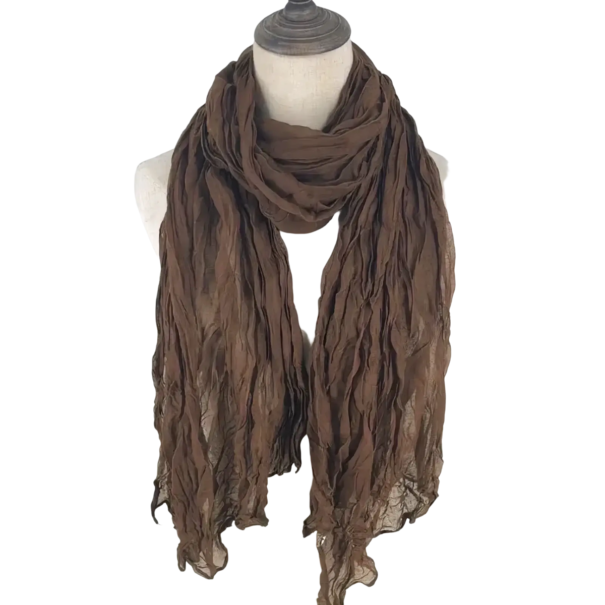 A flowing textured brown cotton linen scarf with lightweight crinkled fabric draped elegantly on a mannequin
