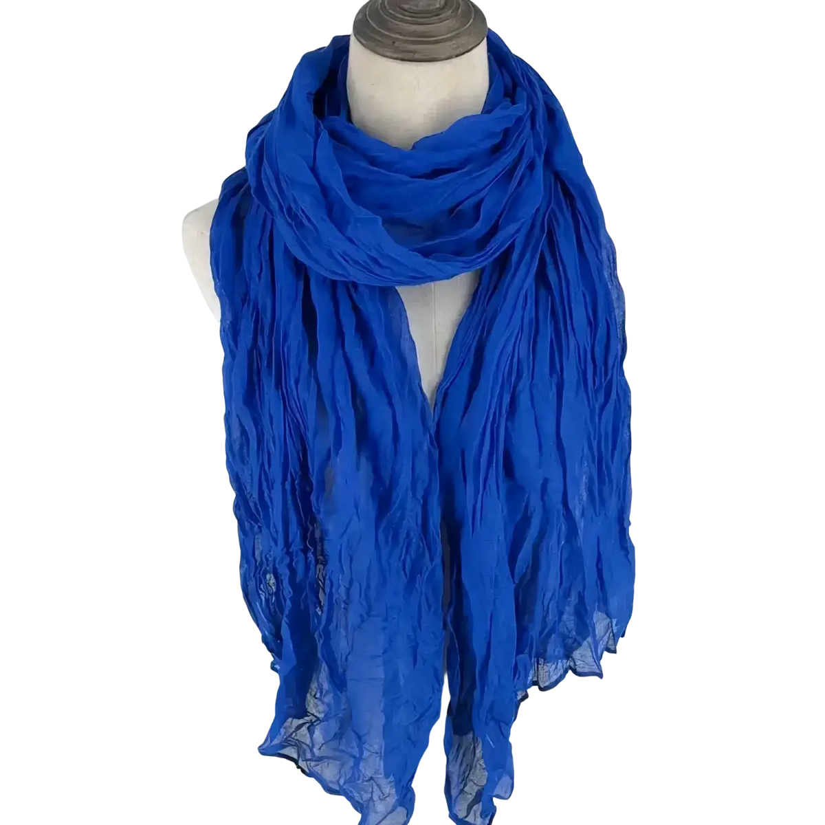 A vibrant royal blue lightweight cotton linen scarf for women with soft flowing drape and subtle ruched texture
