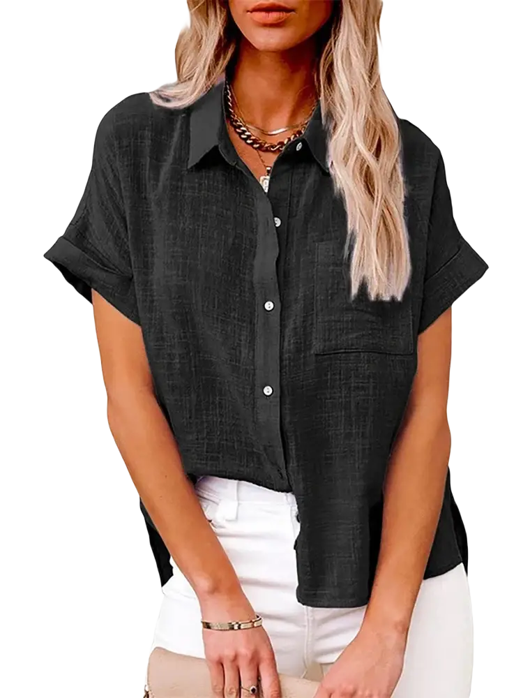Black cotton linen short sleeve casual loose blouse with subtle textured weave and rolled cuffs