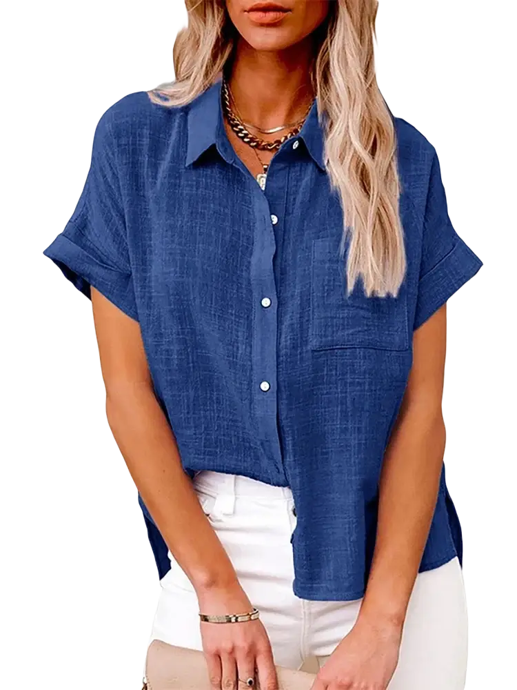 Blue cotton linen short sleeve casual loose blouse with textured fabric and rolled cuffs for comfortable wear
