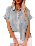 Gray short-sleeved cotton linen blouse with subtle textured weave and rolled cuffs for casual wear