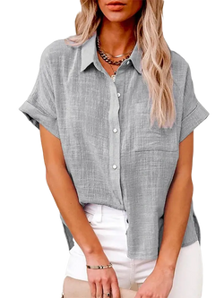 Gray short-sleeved cotton linen blouse with subtle textured weave and rolled cuffs for casual wear