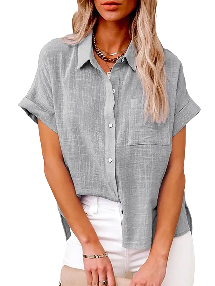 Gray short-sleeved cotton linen blouse with subtle textured weave and rolled cuffs for casual wear