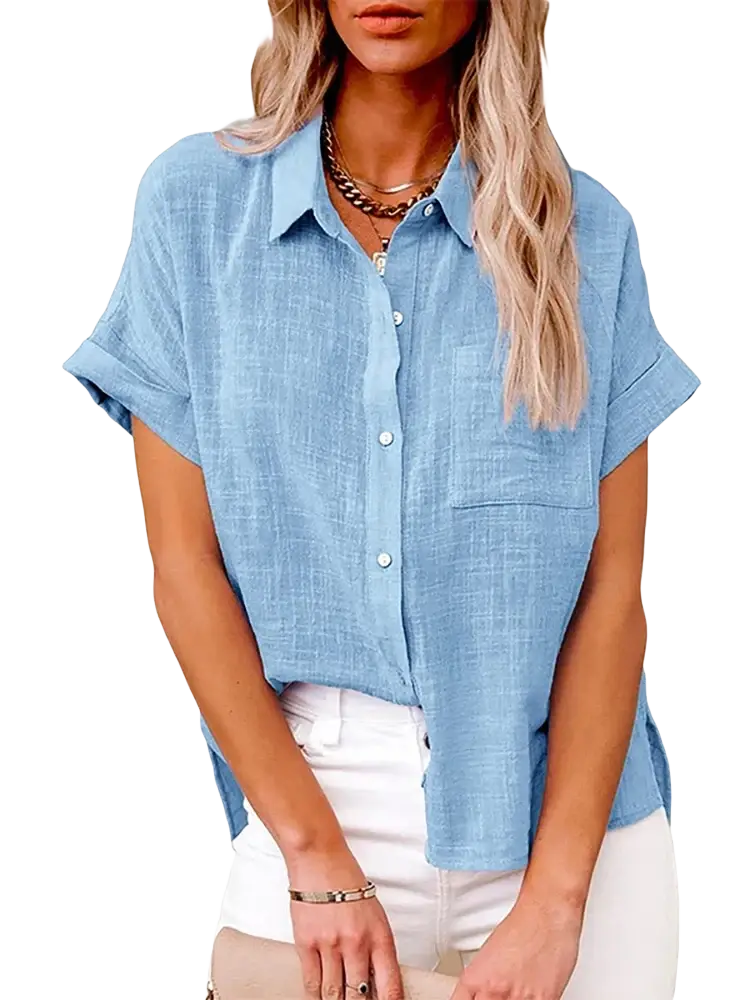 Light blue cotton linen short sleeve casual loose blouse with textured fabric and rolled cuffs