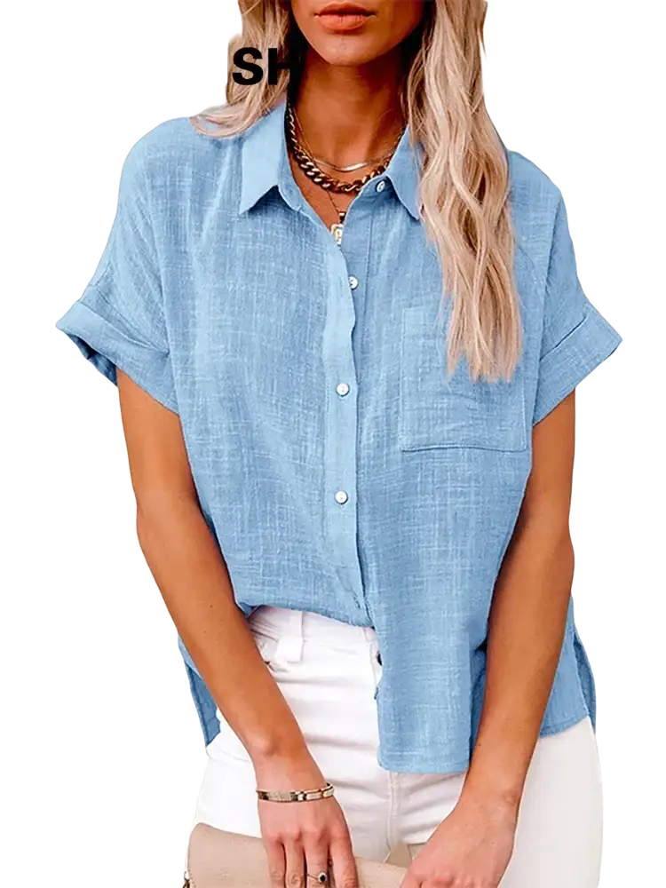 Light blue cotton linen short sleeve casual loose blouse with textured fabric and rolled cuffs for summer wear