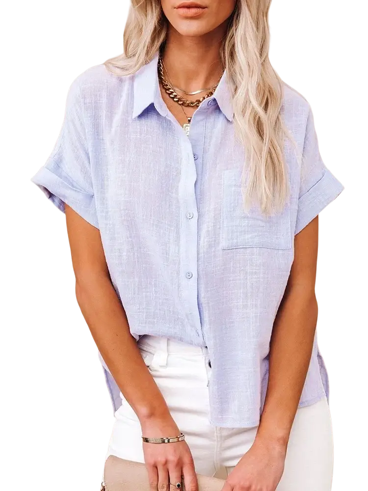Light blue cotton linen short sleeve casual loose blouse with subtle textured weave for comfortable wear