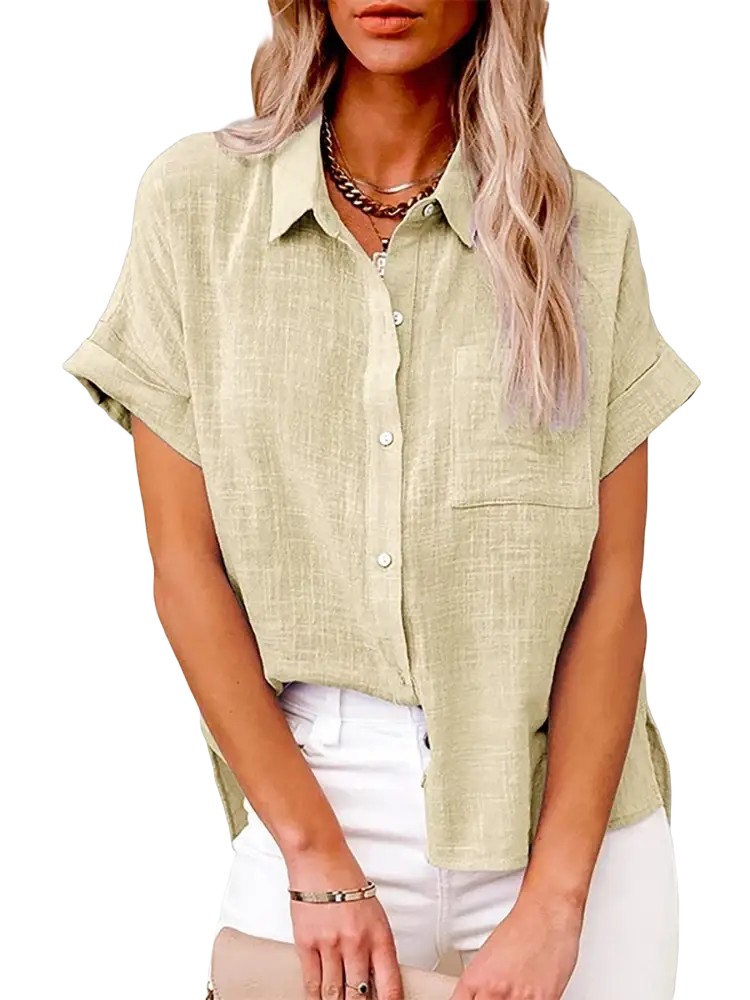 Light green cotton linen short sleeve casual loose blouse with button-up front, subtle textured weave, and rolled cuffs