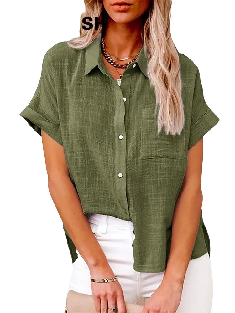 Olive green cotton linen short sleeve casual loose blouse with relaxed fit and subtle textured fabric