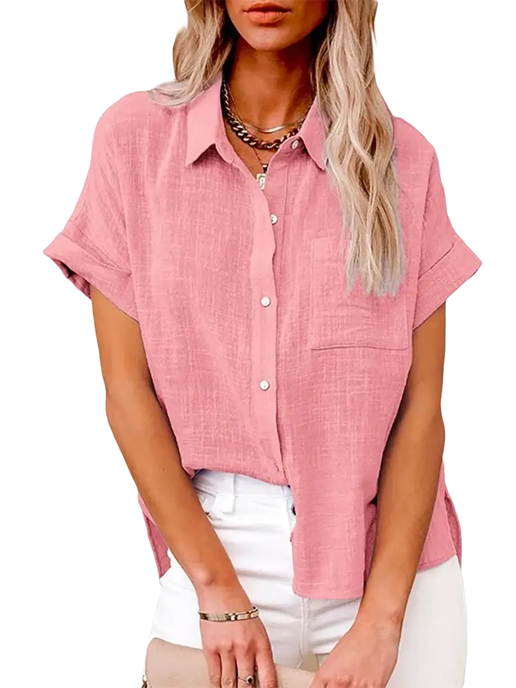 Cotton linen pink short-sleeved casual loose blouse with a subtle textured weave and rolled cuffs