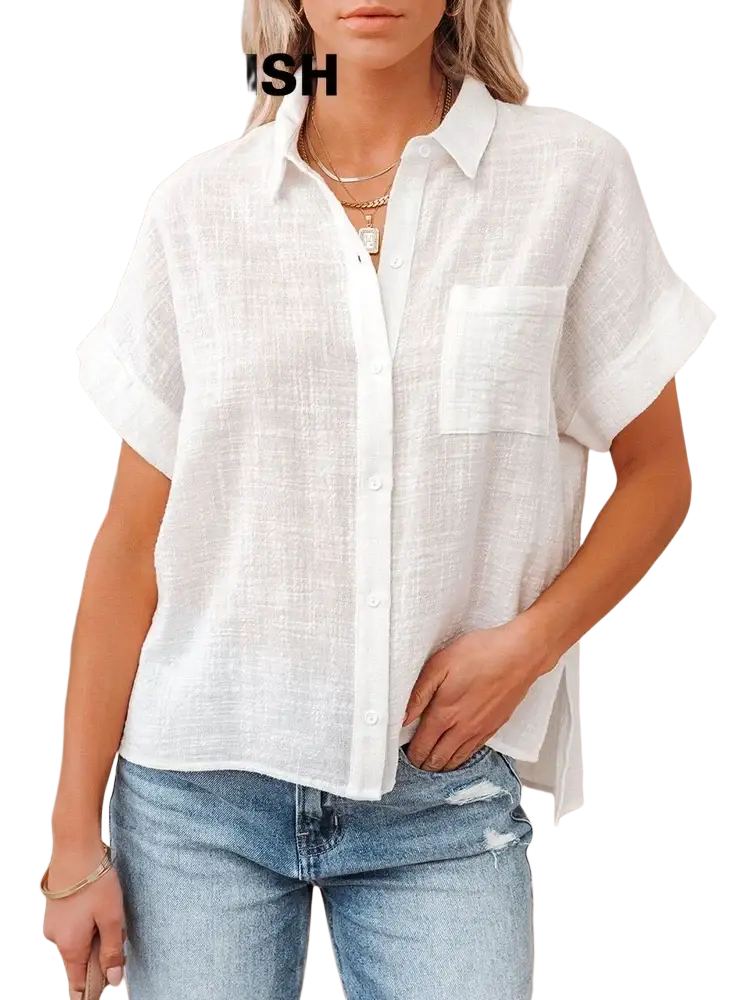 White cotton linen short sleeve casual loose blouse with chest pocket and subtle texture in linen material
