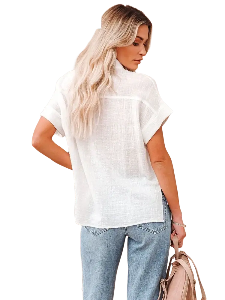 White cotton linen short sleeve casual blouse with subtle textured weave and high collar for loose fit comfort