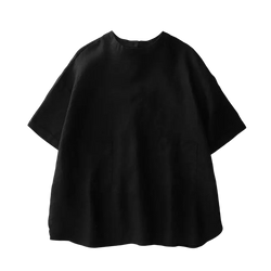 Black cotton linen short sleeve top for women with loose fit round neckline and subtle pleats at the hem