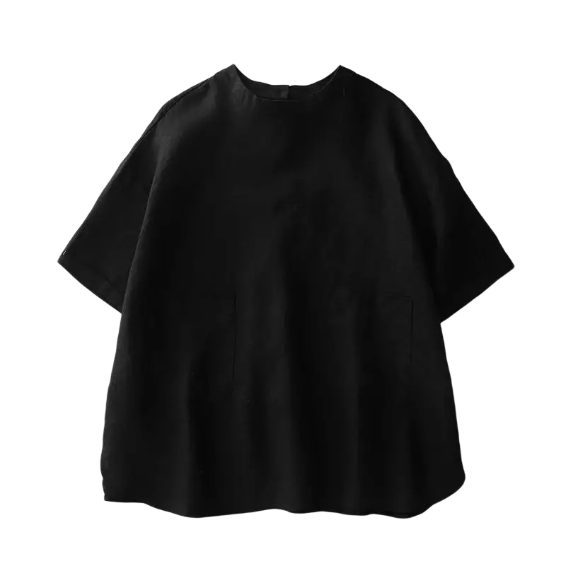 Black cotton linen short sleeve top for women with loose fit round neckline and subtle pleats at the hem