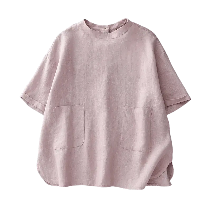 A soft pink cotton linen short sleeve top for women with loose fit and two front pockets in linen material